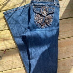 L.A. Idol Blue Flare Wide Leg Jeans with Decorative Back